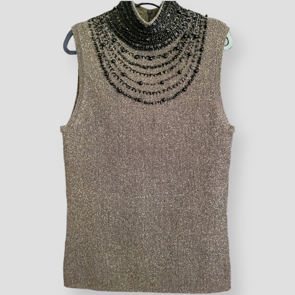 EVIE Beaded Silk Mock Neck Metallic Sleeveless Blouse Brown Gold